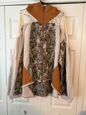 Boho Patchwork Zip-Up Hoodie in Brown, Cream & Olive Floral